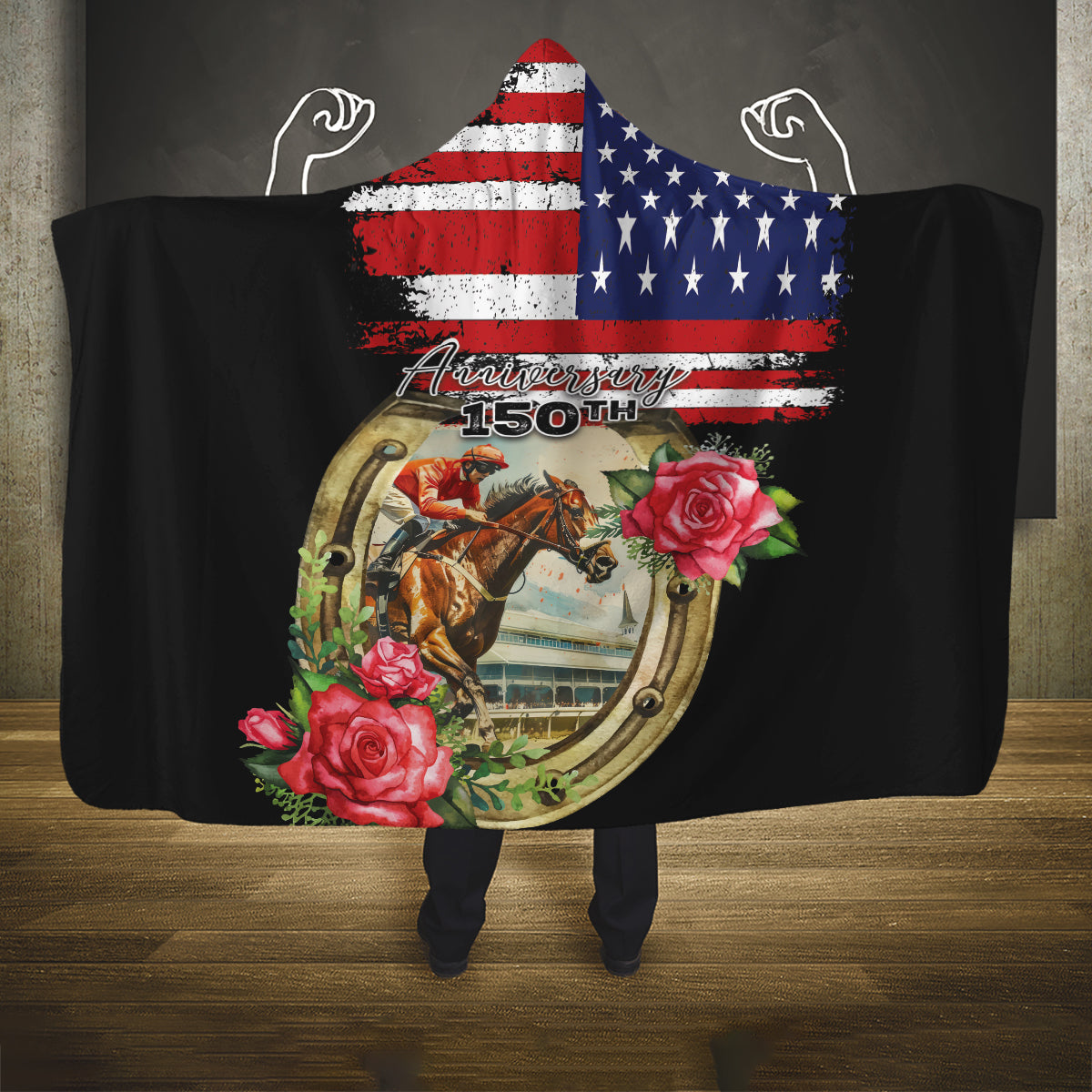 Kentucky Race For Rose 150th Hooded Blanket Horseshoe With American Flag Vintage Style