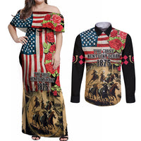 The First Kentucky Horse Racing Couples Matching Off Shoulder Maxi Dress and Long Sleeve Button Shirt Since 1875 American Flag Vintage Style - Wonder Print Shop
