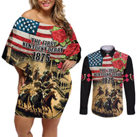 The First Kentucky Horse Racing Couples Matching Off Shoulder Short Dress and Long Sleeve Button Shirt Since 1875 American Flag Vintage Style - Wonder Print Shop