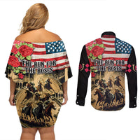 The First Kentucky Horse Racing Couples Matching Off Shoulder Short Dress and Long Sleeve Button Shirt Since 1875 American Flag Vintage Style - Wonder Print Shop