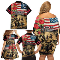 The First Kentucky Horse Racing Family Matching Off Shoulder Short Dress and Hawaiian Shirt Since 1875 American Flag Vintage Style - Wonder Print Shop