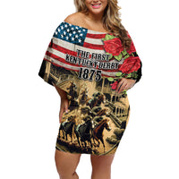 The First Kentucky Horse Racing Family Matching Off Shoulder Short Dress and Hawaiian Shirt Since 1875 American Flag Vintage Style - Wonder Print Shop