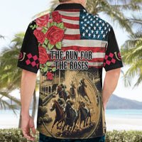 Black Hawaiian shirt back with American flag stripes, roses, and 'RUN FOR THE ROSES' text