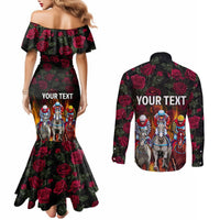 Personalized Kentucky Horses Racing Couples Matching Mermaid Dress and Long Sleeve Button Shirt Race For Burning Roses