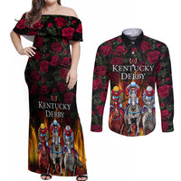 Personalized Kentucky Horses Racing Couples Matching Off Shoulder Maxi Dress and Long Sleeve Button Shirt Race For Burning Roses - Wonder Print Shop
