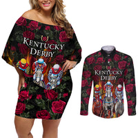 Personalized Kentucky Horses Racing Couples Matching Off Shoulder Short Dress and Long Sleeve Button Shirt Race For Burning Roses - Wonder Print Shop