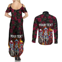Personalized Kentucky Horses Racing Couples Matching Summer Maxi Dress and Long Sleeve Button Shirt Race For Burning Roses - Wonder Print Shop