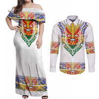 Haiti Flag Traditional Dashiki Couples Matching Off Shoulder Maxi Dress and Long Sleeve Button Shirt White Color
