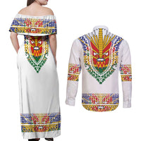 Haiti Flag Traditional Dashiki Couples Matching Off Shoulder Maxi Dress and Long Sleeve Button Shirt White Color