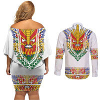 Haiti Flag Traditional Dashiki Couples Matching Off Shoulder Short Dress and Long Sleeve Button Shirt White Color