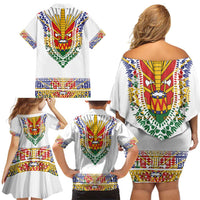 Haiti Flag Traditional Dashiki Family Matching Off Shoulder Short Dress and Hawaiian Shirt White Color