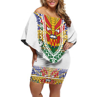 Haiti Flag Traditional Dashiki Off Shoulder Short Dress White Color