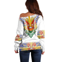 Haiti Flag Traditional Dashiki Off Shoulder Sweater White Color