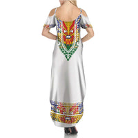 Haiti Flag Traditional Dashiki Summer Maxi Dress White Color