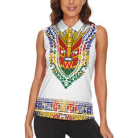 Haiti Flag Traditional Dashiki Women Sleeveless Polo Shirt White Color