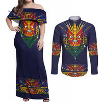 Haiti Flag Traditional Dashiki Couples Matching Off Shoulder Maxi Dress and Long Sleeve Button Shirt Black Color