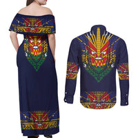 Haiti Flag Traditional Dashiki Couples Matching Off Shoulder Maxi Dress and Long Sleeve Button Shirt Black Color