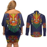 Haiti Flag Traditional Dashiki Couples Matching Off Shoulder Short Dress and Long Sleeve Button Shirt Black Color