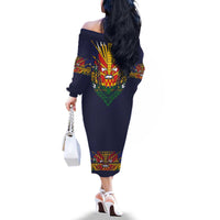 Haiti Flag Traditional Dashiki Family Matching Off The Shoulder Long Sleeve Dress and Hawaiian Shirt Black Color