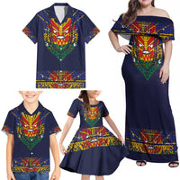 Haiti Flag Traditional Dashiki Family Matching Off Shoulder Maxi Dress and Hawaiian Shirt Black Color