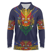 Haiti Flag Traditional Dashiki Long Sleeve Polo Shirt Black Color