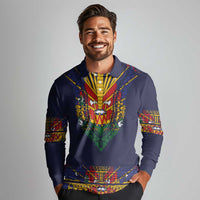 Haiti Flag Traditional Dashiki Long Sleeve Polo Shirt Black Color