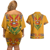 Haiti Flag Traditional Dashiki Couples Matching Off Shoulder Short Dress and Hawaiian Shirt Yellow Color