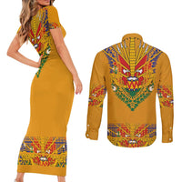 Haiti Flag Traditional Dashiki Couples Matching Short Sleeve Bodycon Dress and Long Sleeve Button Shirt Yellow Color