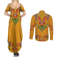 Haiti Flag Traditional Dashiki Couples Matching Summer Maxi Dress and Long Sleeve Button Shirt Yellow Color