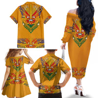 Haiti Flag Traditional Dashiki Family Matching Off The Shoulder Long Sleeve Dress and Hawaiian Shirt Yellow Color