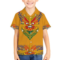 Haiti Flag Traditional Dashiki Family Matching Off The Shoulder Long Sleeve Dress and Hawaiian Shirt Yellow Color