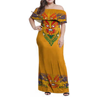 Haiti Flag Traditional Dashiki Family Matching Off Shoulder Maxi Dress and Hawaiian Shirt Yellow Color
