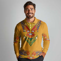Haiti Flag Traditional Dashiki Long Sleeve Polo Shirt Yellow Color
