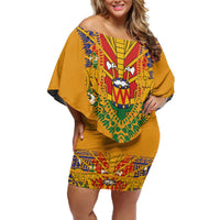Haiti Flag Traditional Dashiki Off Shoulder Short Dress Yellow Color