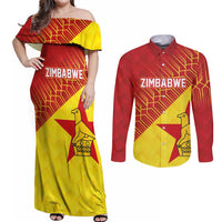 Custom Zimbabwe Cricket Couples Matching Off Shoulder Maxi Dress and Long Sleeve Button Shirt Flame Warriors Zimbabwe Spirit - Wonder Print Shop