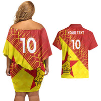 Custom Zimbabwe Cricket Couples Matching Off Shoulder Short Dress and Hawaiian Shirt Flame Warriors Zimbabwe Spirit - Wonder Print Shop