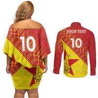 Custom Zimbabwe Cricket Couples Matching Off Shoulder Short Dress and Long Sleeve Button Shirt Flame Warriors Zimbabwe Spirit - Wonder Print Shop