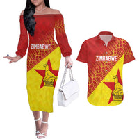 Custom Zimbabwe Cricket Couples Matching Off The Shoulder Long Sleeve Dress and Hawaiian Shirt Flame Warriors Zimbabwe Spirit - Wonder Print Shop