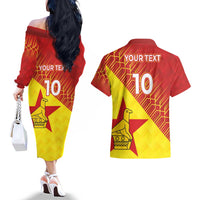 Custom Zimbabwe Cricket Couples Matching Off The Shoulder Long Sleeve Dress and Hawaiian Shirt Flame Warriors Zimbabwe Spirit - Wonder Print Shop