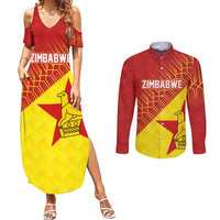 Custom Zimbabwe Cricket Couples Matching Summer Maxi Dress and Long Sleeve Button Shirt Flame Warriors Zimbabwe Spirit - Wonder Print Shop