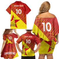 Custom Zimbabwe Cricket Family Matching Off Shoulder Short Dress and Hawaiian Shirt Flame Warriors Zimbabwe Spirit - Wonder Print Shop