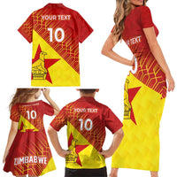 Custom Zimbabwe Cricket Family Matching Short Sleeve Bodycon Dress and Hawaiian Shirt Flame Warriors Zimbabwe Spirit - Wonder Print Shop
