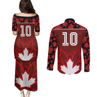 Custom Canadian Rugby Couples Matching Puletasi and Long Sleeve Button Shirt Maple Leaves Sporty Art Style Red Color - Wonder Print Shop