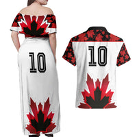 Custom Canadian Rugby Couples Matching Off Shoulder Maxi Dress and Hawaiian Shirt Maple Leaves Sporty Art Style White Color - Wonder Print Shop