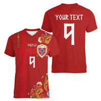 Custom Norway Football Women V-Neck T-Shirt Norge Viking and Rosemaling Ornament