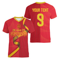 Custom Spain Football Women V-Neck T-Shirt World Champions and Kings of Europe