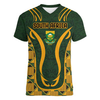 Custom South Africa Rugby 2024 Women V-Neck T-Shirt Go Champion Springboks and Kente Pattern - Wonder Print Shop