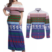 Scottish Christmas Couples Matching Off Shoulder Maxi Dress and Long Sleeve Button Shirt Xmas Royal Lions and Tartan - Wonder Print Shop
