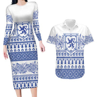 Scottish Christmas Couples Matching Long Sleeve Bodycon Dress and Hawaiian Shirt Scotland Thistle and Celtic Knot White-Blue Color - Wonder Print Shop