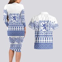 Scottish Christmas Couples Matching Long Sleeve Bodycon Dress and Hawaiian Shirt Scotland Thistle and Celtic Knot White-Blue Color - Wonder Print Shop